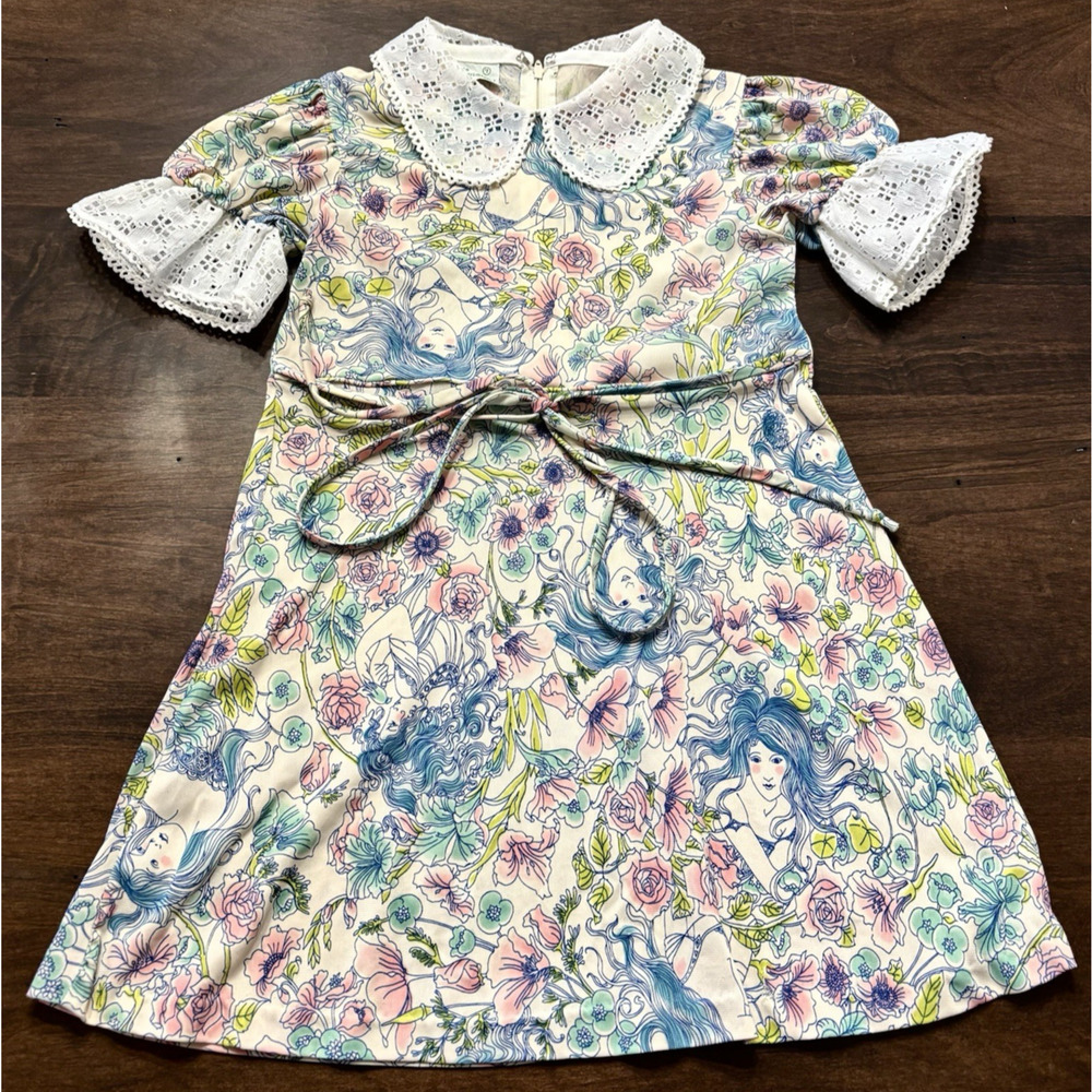 Vtg Kate Greenaway DressChildrens Sz 7 Mermaid Flower Peter Pan Collar Cottage